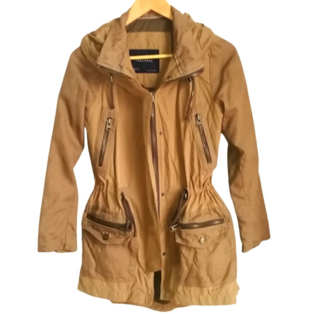 𝅺ZARA Camel Safari Zipper Front Cotton Classic Jacket Size Extra-Small